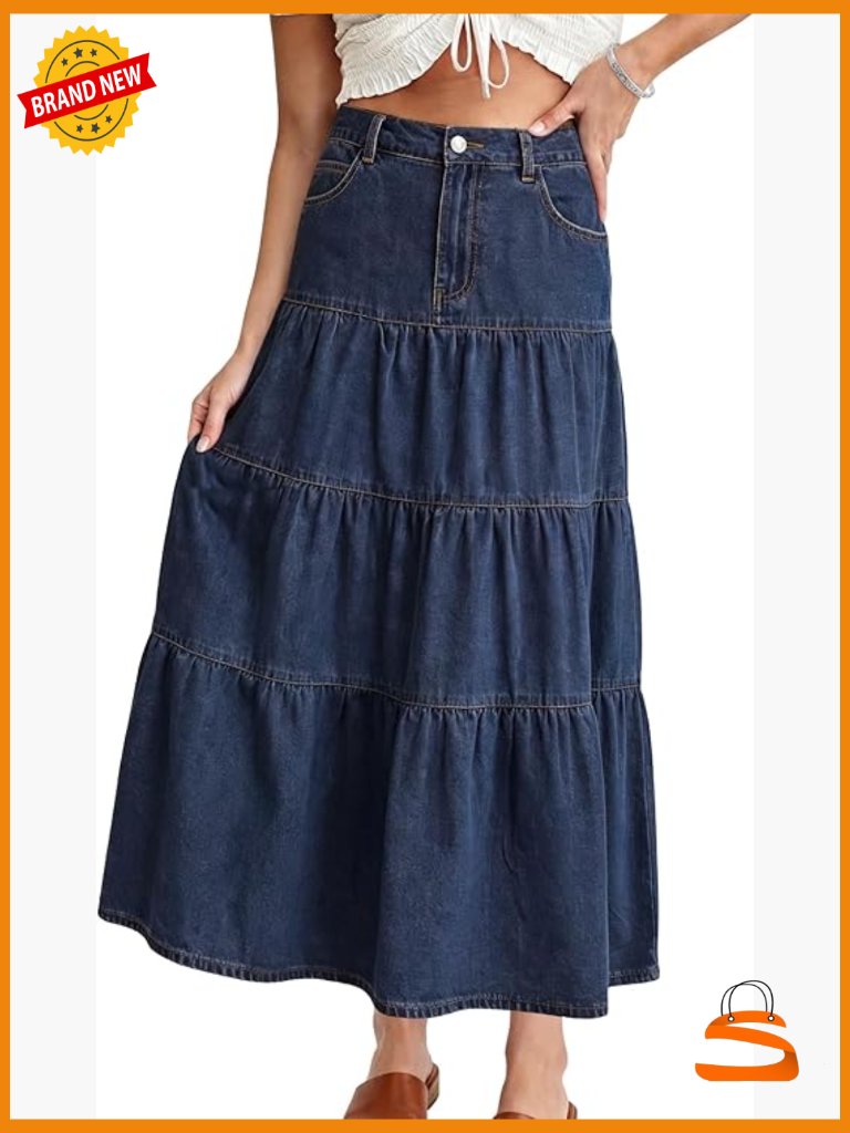 High Waisted Long Denim Skirt Tiered Ruffle A-Line Maxi Skirt With Pockets Boho